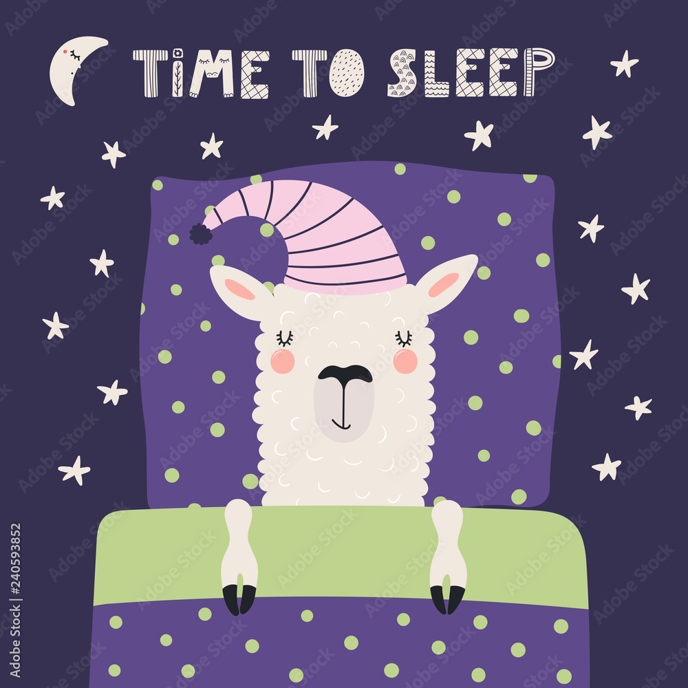 Hand drawn vector illustration with cute sleeping llama in a nightcap, pillow, blanket, moon, stars, text Time to sleep. Scandinavian style flat design. Concept for children print. Hand drawn vector illustration with cute sleeping llama in a nightcap, pillow, blanket, moon, stars, text Time to sleep. Scandinavian style flat design. Concept for children print.