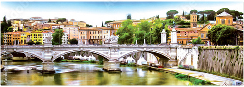 Drawing of the architecture of Rome on the background of the bridge. Panorama