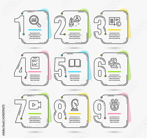 Infographic template with numbers 9 options. Set of Startup, Data analysis and Copyright icons. Report document, Book and Marketing strategy signs. Video camera, Messenger mail and Approved symbols