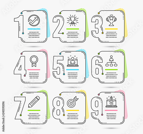 Infographic template with numbers 9 options. Set of Audit, Best manager and Management icons. Reward, Victory and Trophy signs. Pencil, Target and Start business symbols. Vector