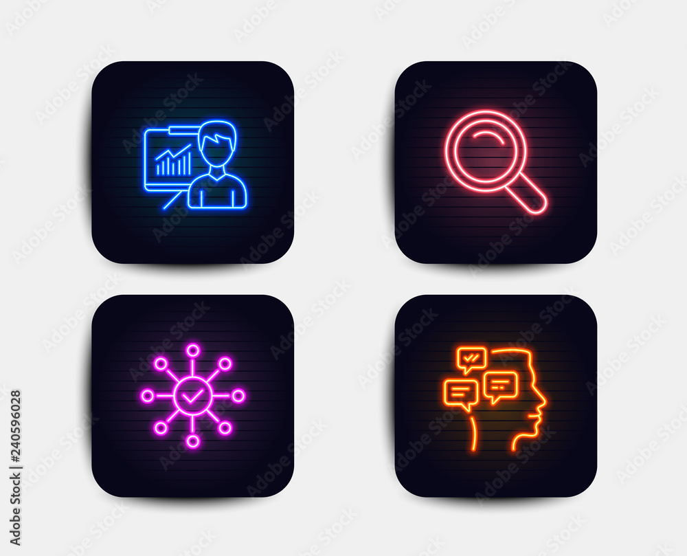 Neon set of Search, Presentation and Survey check icons. Messages sign. Magnifying glass, Education board, Correct answer. Notifications. Neon icons. Glowing light banners. Vector Neon set of Search, Presentation and Survey check icons. Messages sign. Magnifying glass, Education board, Correct answer. Notifications. Neon icons. Glowing light banners. Vector