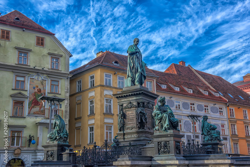 Archduke Johann Fountain, allegorical representation of the river Sann, Hauptplatz square, Graz, Styria, photo