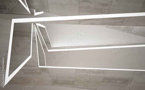 Empty dark abstract concrete room interior with wood. Architectural background. Night view of the illuminated. 3D illustration and rendering