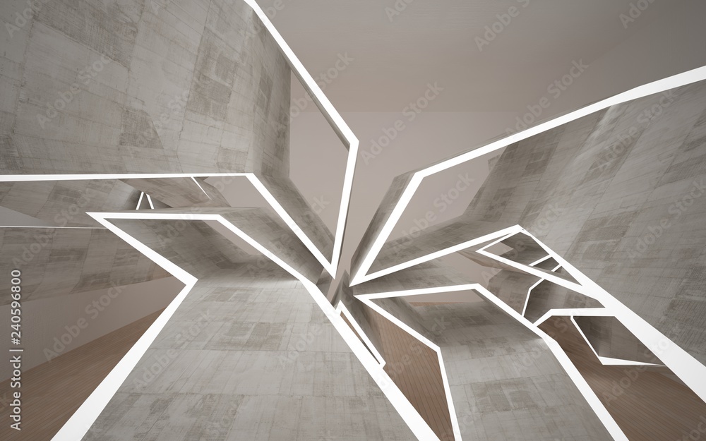Empty dark abstract concrete room interior with wood. Architectural background. Night view of the illuminated. 3D illustration and rendering