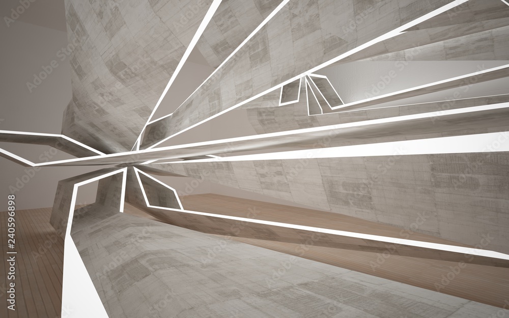 Empty dark abstract concrete room interior with wood. Architectural background. Night view of the illuminated. 3D illustration and rendering