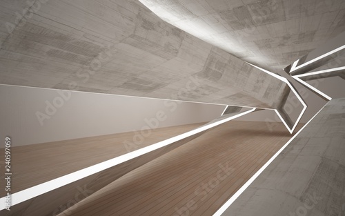 Empty dark abstract concrete room interior with wood. Architectural background. Night view of the illuminated. 3D illustration and rendering