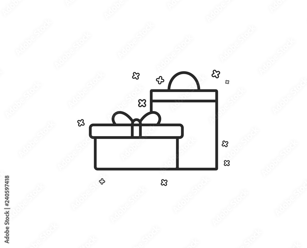 Gift box with bag line icon. Present or Sale sign. Birthday Shopping symbol. Package in Gift Wrap. Geometric shapes. Random cross elements. Linear Gifts icon design. Vector Gift box with bag line icon. Present or Sale sign. Birthday Shopping symbol. Package in Gift Wrap. Geometric shapes. Random cross elements. Linear Gifts icon design. Vector