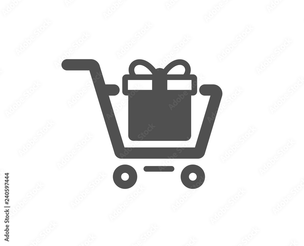 Shopping cart with Gift box icon. Present or Sale sign. Birthday Shopping symbol. Package in Gift Wrap. Quality design element. Classic style icon. Vector Shopping cart with Gift box icon. Present or Sale sign. Birthday Shopping symbol. Package in Gift Wrap. Quality design element. Classic style icon. Vector