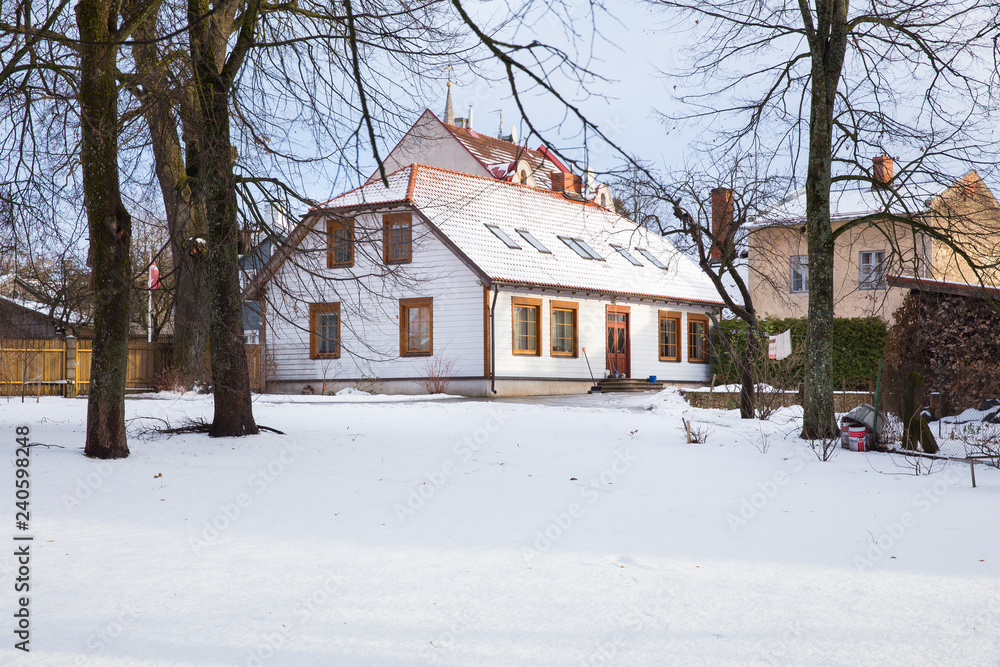 Old town buildings, street and urban view. Winter and snow. Travel photo 2018.