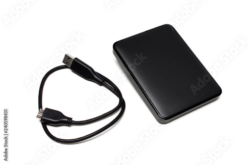 Black external hard drive on white background