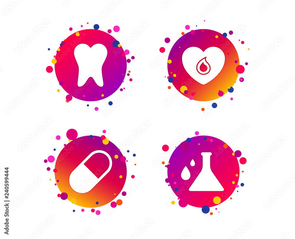 Maternity icons. Pill, tooth, chemistry and heart signs. Blood donation symbol. Lab bulb with drops. Dental care. Gradient circle buttons with icons. Random dots design. Vector Maternity icons. Pill, tooth, chemistry and heart signs. Blood donation symbol. Lab bulb with drops. Dental care. Gradient circle buttons with icons. Random dots design. Vector