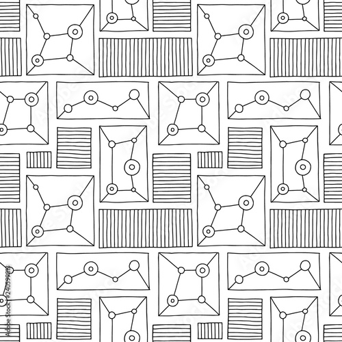 Seamless vector pattern. Black and white geometrical hand drawn background with rectangles, squares, dots. Print for decorative wallpaper, packaging, wrapping, fabric. Line drawing, graphic design