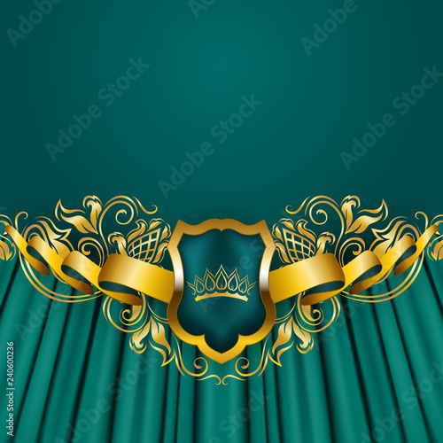 Royal background with ornament, shield, gold crown, ribbon, blazon, place for text in vintage style. photo