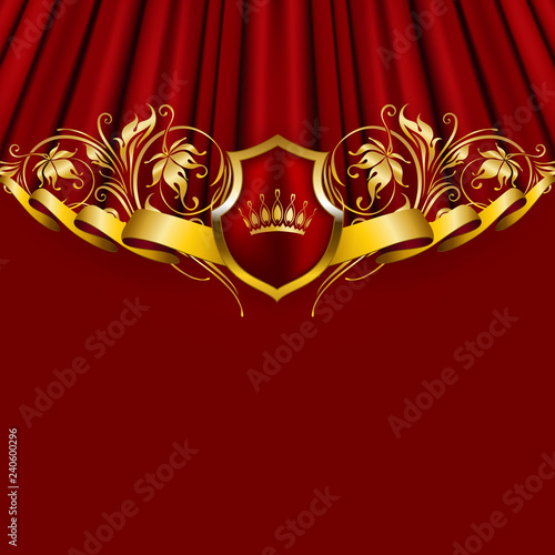 Royal background with ornament, shield, gold crown, ribbon, blazon, place for text in vintage style. photo