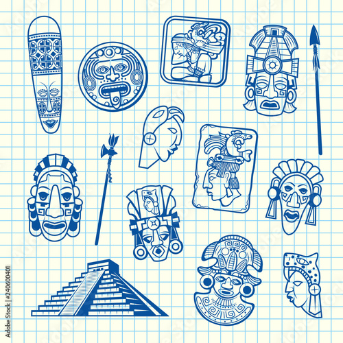 Vector cartoon summer travel elements tiki mask of set isolated on blue cell sheet background illustration