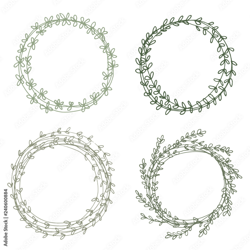 Set of 4 Cute Simple Vector Wreaths. Funny Infantile Style Design. Green Round Shape Garland. Funny Hand Drawn Garland Made of Abstract Twigs. Green Round Shape Frames Isolated on White Background. Set of 4 Cute Simple Vector Wreaths. Funny Infantile Style Design. Green Round Shape Garland. Funny Hand Drawn Garland Made of Abstract Twigs. Green Round Shape Frames Isolated on White Background.