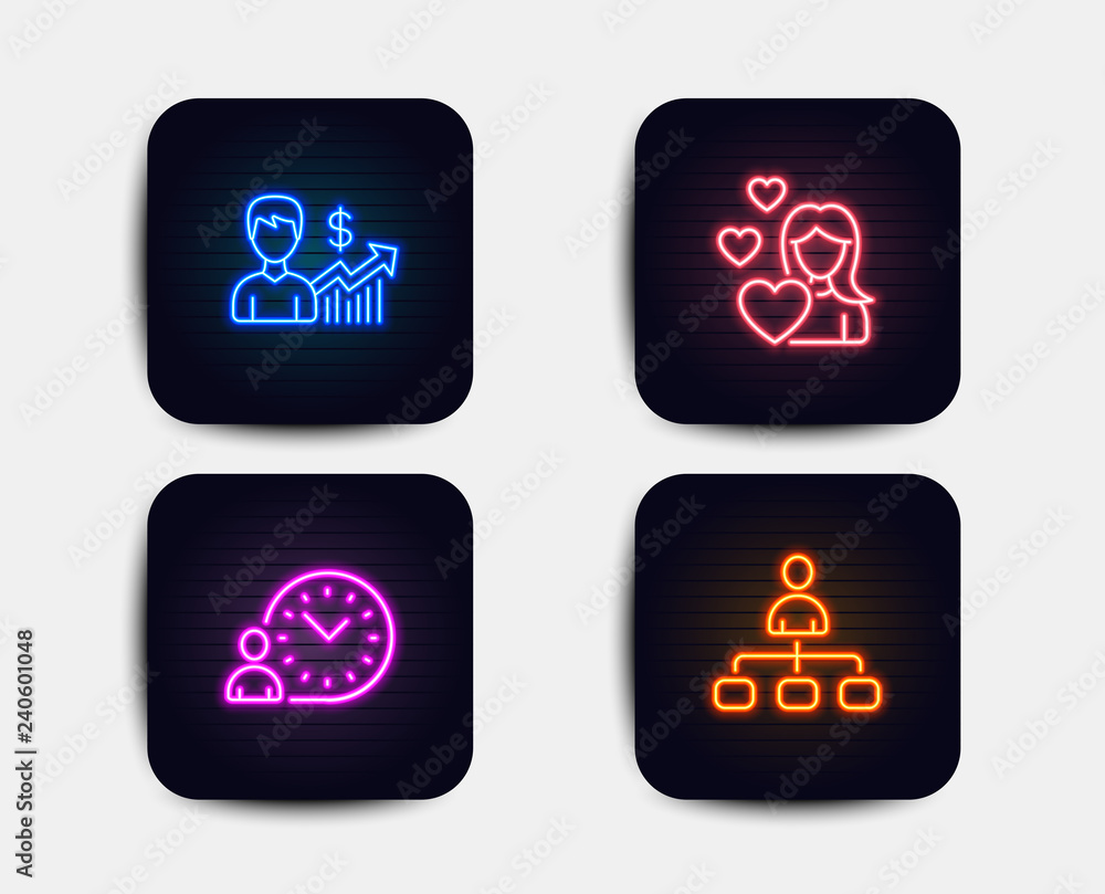 Neon glow lights. Set of Love, Business growth and Time management icons. Management sign. Woman in love, Earnings results, Work time. Agent. Neon icons. Glowing light banners. Vector Neon glow lights. Set of Love, Business growth and Time management icons. Management sign. Woman in love, Earnings results, Work time. Agent. Neon icons. Glowing light banners. Vector