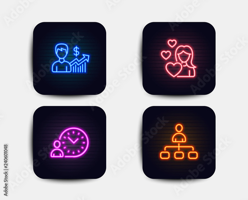 Neon glow lights. Set of Love, Business growth and Time management icons. Management sign. Woman in love, Earnings results, Work time. Agent. Neon icons. Glowing light banners. Vector
