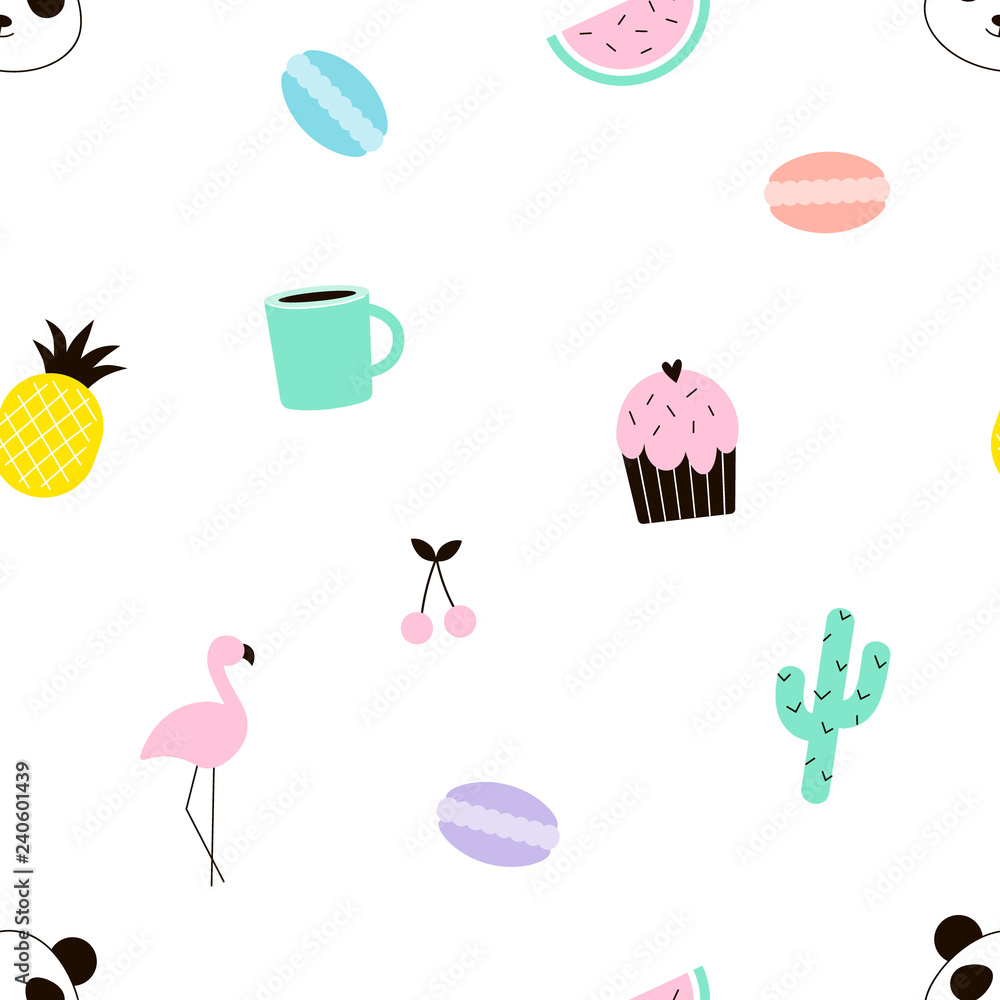 colourful seamless pattern with cute summer objects, flamingo, cactus, pineapple, sweets, panda, cherry, flat vector design colourful seamless pattern with cute summer objects, flamingo, cactus, pineapple, sweets, panda, cherry, flat vector design