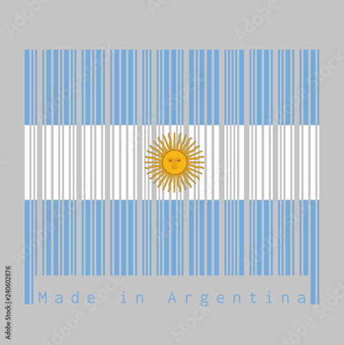 Barcode set the color of Argentina flag, blue and white with Sun of May on black background with text: Made in Argentina. concept of sale or business.