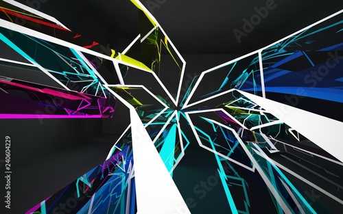 Abstract gradient colored glass interior of the future. Night view. 3D illustration and rendering