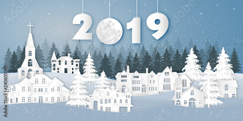 Paper art , cut and digital craft style of house village in the snow wintry season with trees as Merry Christmas and Happy New Year 2019 concept. vector illustration