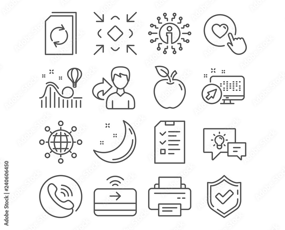 Set of Contactless payment, Idea lamp and Update document icons. International globe, Minimize and Printer signs. Like button, Interview and Roller coaster symbols. Vector