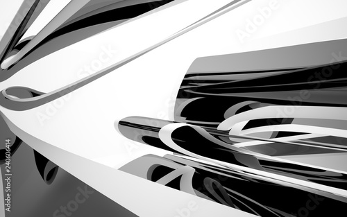 Abstract dynamic interior with black smooth objects and white room . 3D illustration and rendering