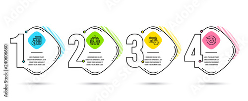 Infographic template 4 options or steps. Set of Group, Finance calculator and Calendar icons. Approved sign. Managers, Calculate money, Time. Refresh symbol.  Process diagram, workflow layout. Vector