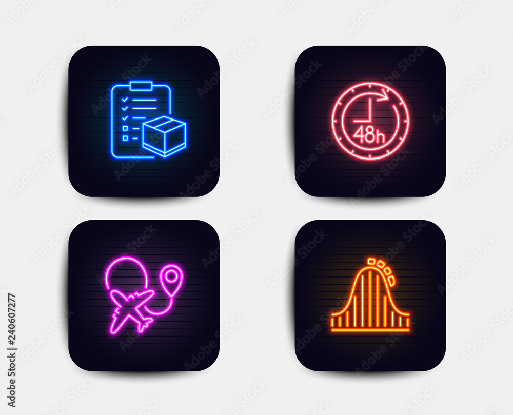 Neon glow lights. Set of Parcel checklist, Airplane and 48 hours icons. Roller coaster sign. Logistics check, Plane, Delivery service. Attraction park. Neon icons. Glowing light banners. Vector Neon glow lights. Set of Parcel checklist, Airplane and 48 hours icons. Roller coaster sign. Logistics check, Plane, Delivery service. Attraction park. Neon icons. Glowing light banners. Vector