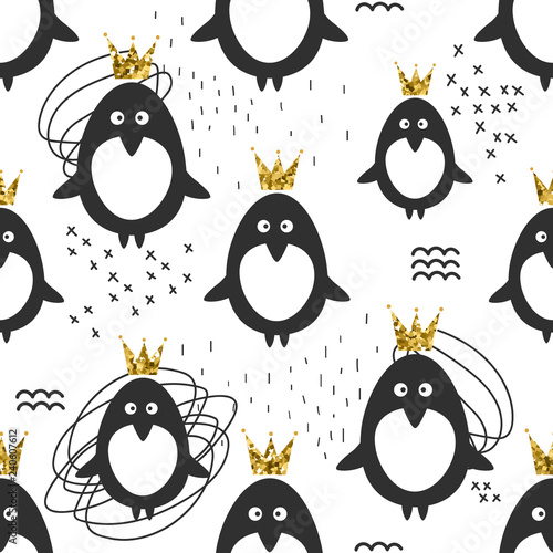 Seamless pattern, penguins in crowns, hand drawn overlapping backdrop. Colorful background vector. Design illustration. Decorative wallpaper, good for printing
