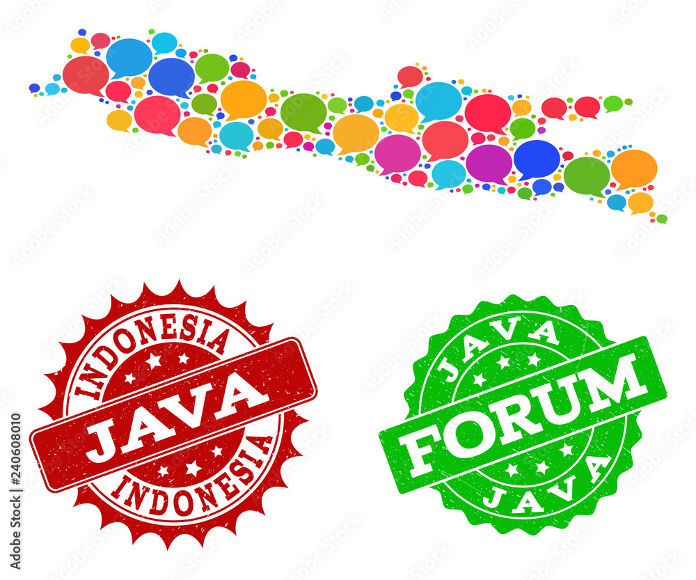 Social network map of Java Island and rubber stamp seals in red and green  colors. Mosaic