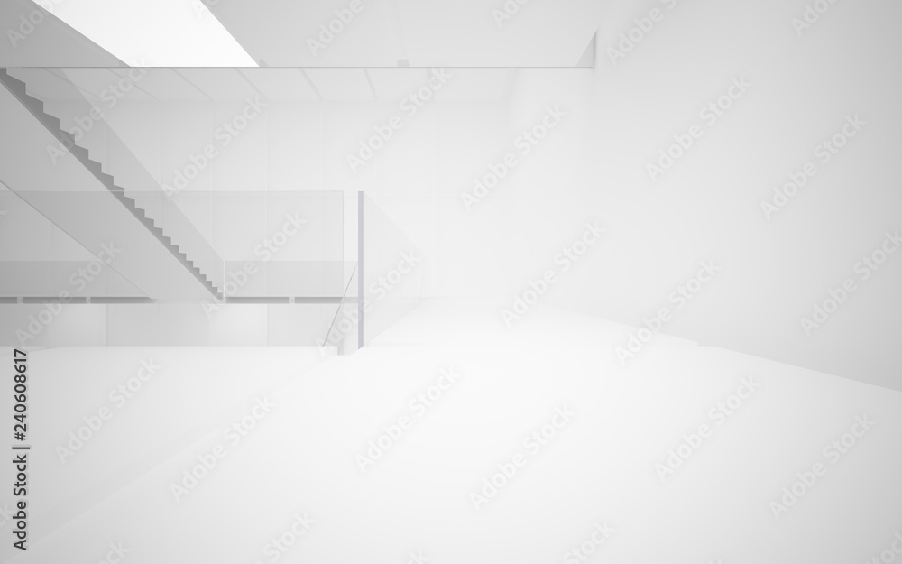 Fototapeta premium Streszczenie białe wnętrze wielopoziomowej przestrzeni publicznej z oświetleniem neonowym. Ilustracja i renderowanie 3D.