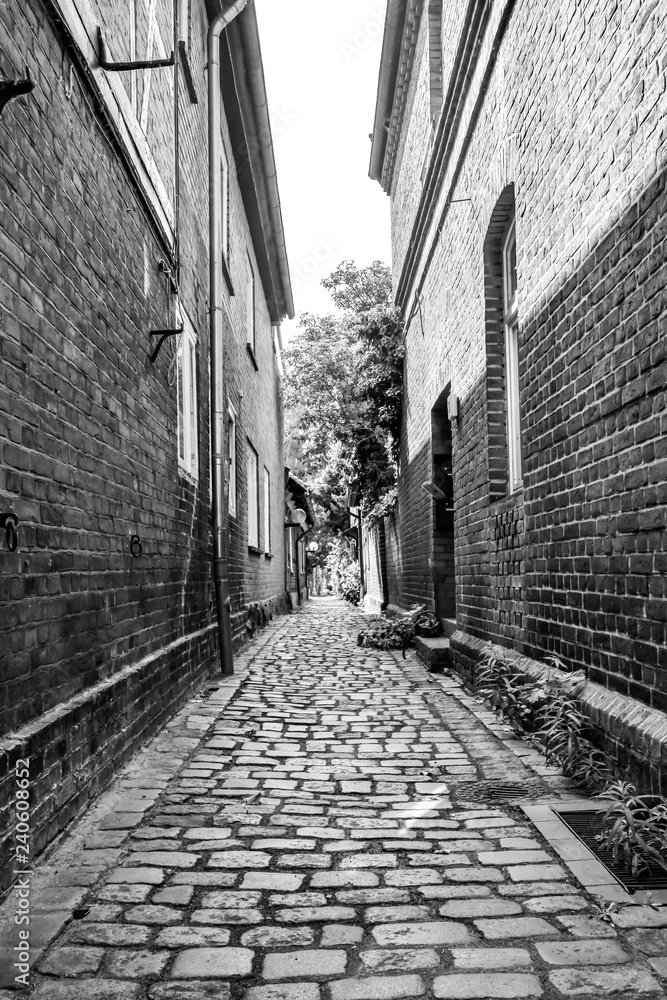 Black and white photo of a historical cobblestone alley with brick houses in the German medieval town Hitzacker.