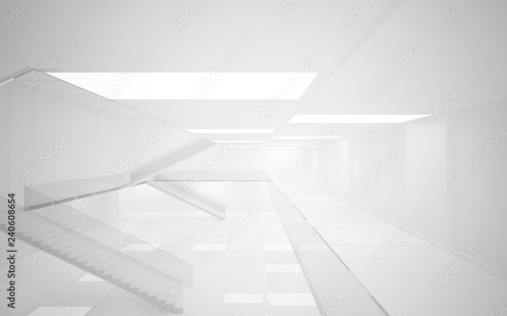 Abstract white interior multilevel public space with neon lighting. 3D illustration and rendering. Abstract white interior multilevel public space with neon lighting. 3D illustration and rendering.