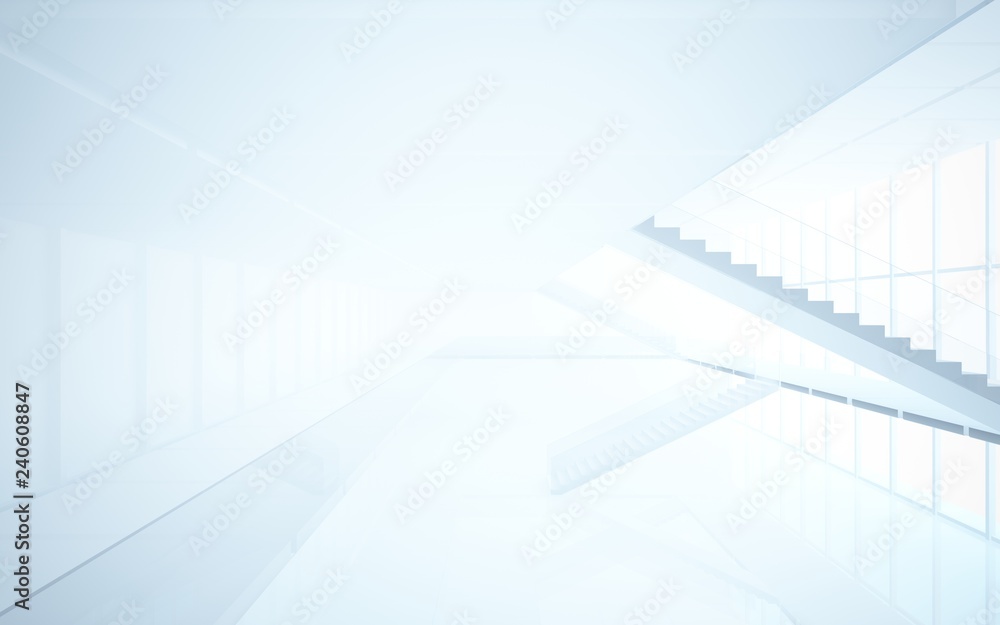 Abstract white interior multilevel public space with window. 3D illustration and rendering.