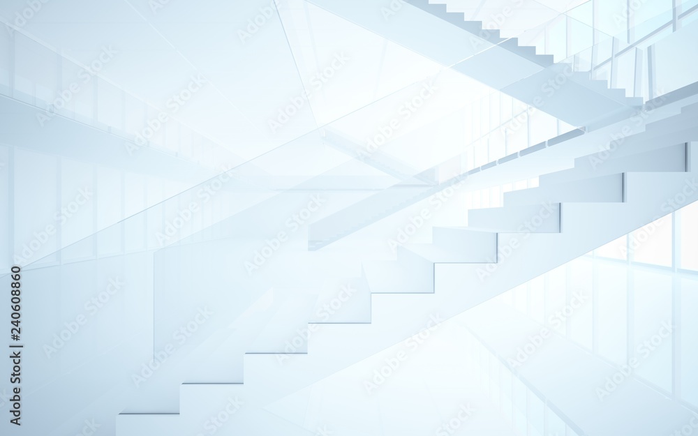 Abstract white interior multilevel public space with window. 3D illustration and rendering.