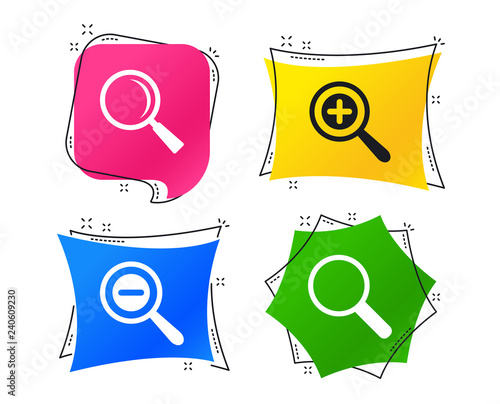 Magnifier glass icons. Plus and minus zoom tool symbols. Search information signs. Geometric colorful tags. Banners with flat icons. Trendy design. Vector