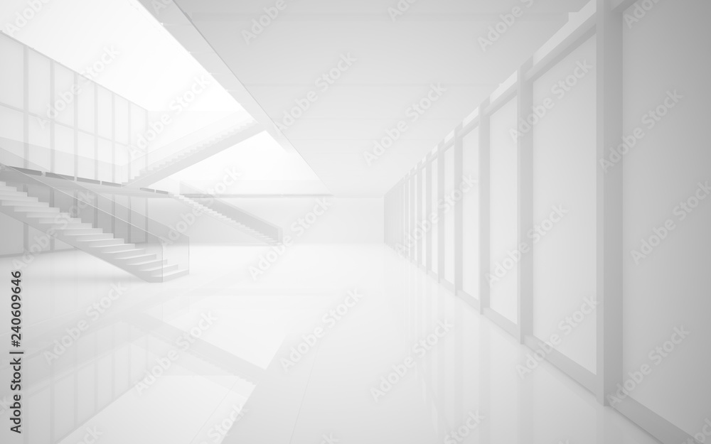 Abstract white interior multilevel public space with window. 3D illustration and rendering. Abstract white interior multilevel public space with window. 3D illustration and rendering.