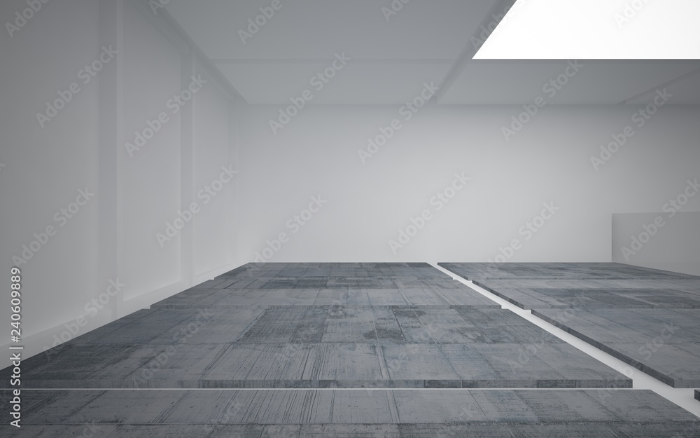Abstract white and concrete interior multilevel public space with neon lighting. 3D illustration and rendering. Abstract white and concrete interior multilevel public space with neon lighting. 3D illustration and rendering.