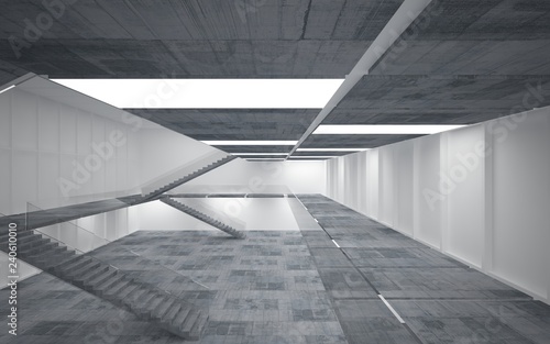 Abstract white and concrete interior multilevel public space with neon lighting. 3D illustration and rendering.