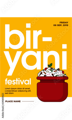 Biryani Vector Illustration. Chicken Biryani Pot. Indian/Mughlai traditional rice dish. Biryani Festival Poster Template.