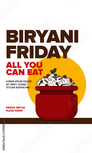 Biryani Vector Illustration. Veg Biryani Pot. Indian/Mughlai traditional rice dish. Biryani party concept. Poster Ad template