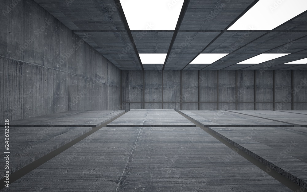 Abstract concrete interior multilevel public space with neon lighting. 3D illustration and rendering. Abstract concrete interior multilevel public space with neon lighting. 3D illustration and rendering.