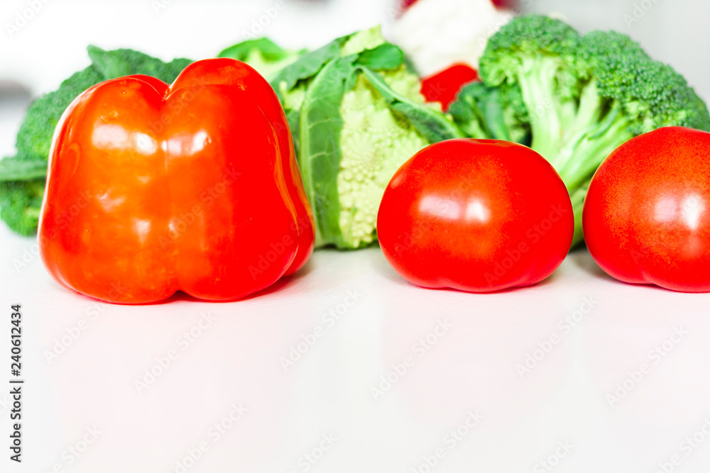 Vegetable variety on wooden white table. Selection of summer and autumn vegetables, space for text Vegetable variety on wooden white table. Selection of summer and autumn vegetables, space for text