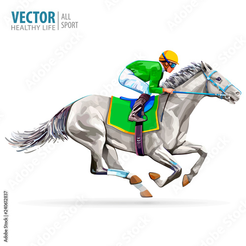 Jockey on racing horse. Champion. Hippodrome. Racetrack. Jump racetrack. Horse riding. Vector illustration. Derby. Isolated on white background.