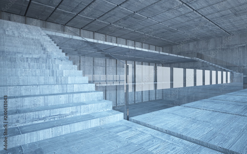 Fototapeta premium Abstract concrete interior multilevel public space with window. 3D illustration and rendering.