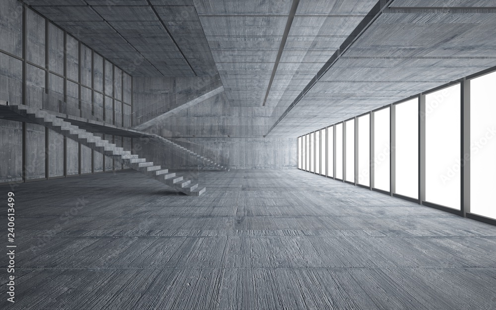 Abstract concrete interior multilevel public space with window. 3D illustration and rendering. Abstract concrete interior multilevel public space with window. 3D illustration and rendering.