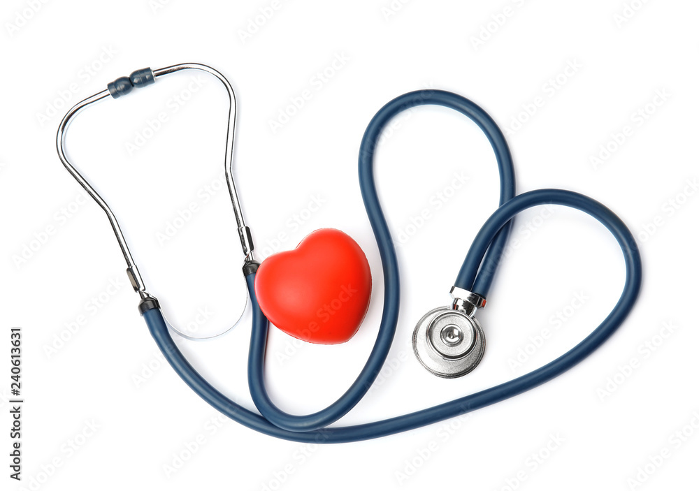 Red heart and stethoscope on white background, top view. Cardiology concept Red heart and stethoscope on white background, top view. Cardiology concept