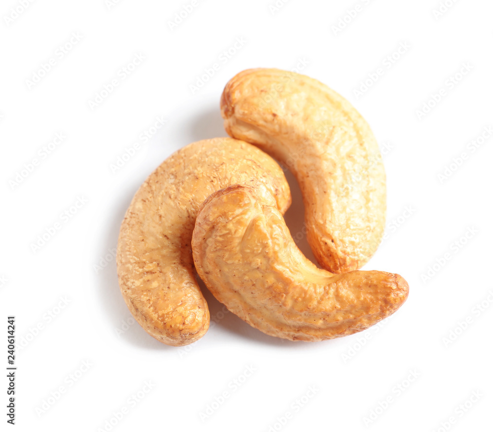 Tasty cashew nuts isolated on white, top view Tasty cashew nuts isolated on white, top view